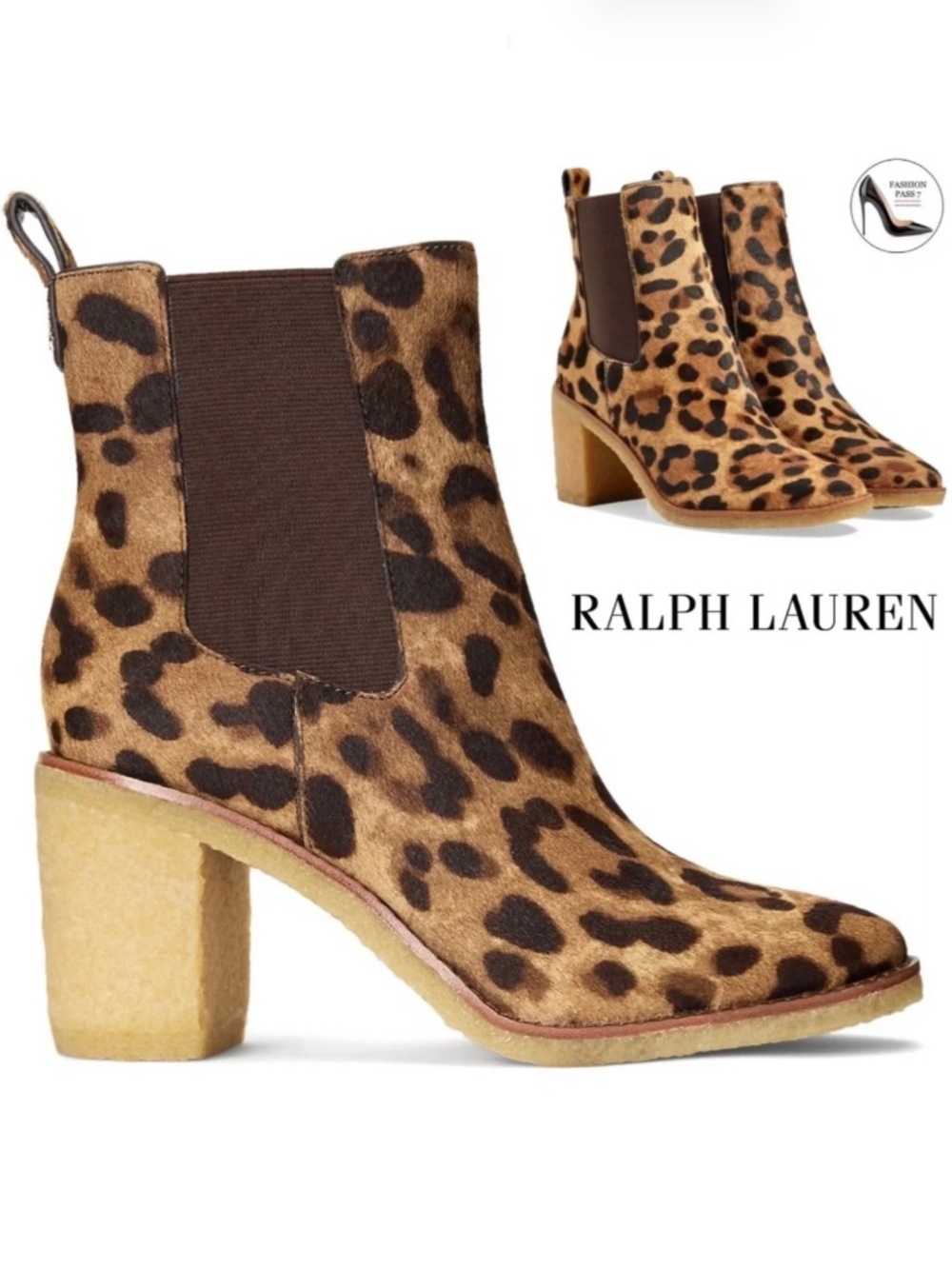 Ralph Lauren Marianna Leopard Pull-On Chelsea Booties Block Heel Ankle Boots 8